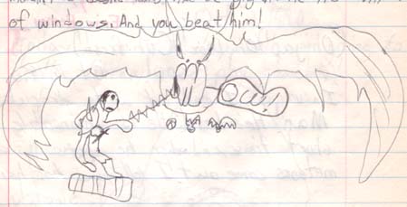 [Doodle of Belmont hitting a GIANT bat spitting out Prime Evil Bats]